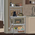Modern Kitchen Storage Shelf With Microwave Jars Utensils And Vegetable Baskets