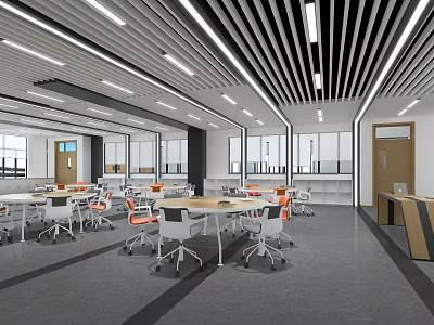 Modern School Learning Classroom With White Tables Orange Chairs And Large Windows 3d model