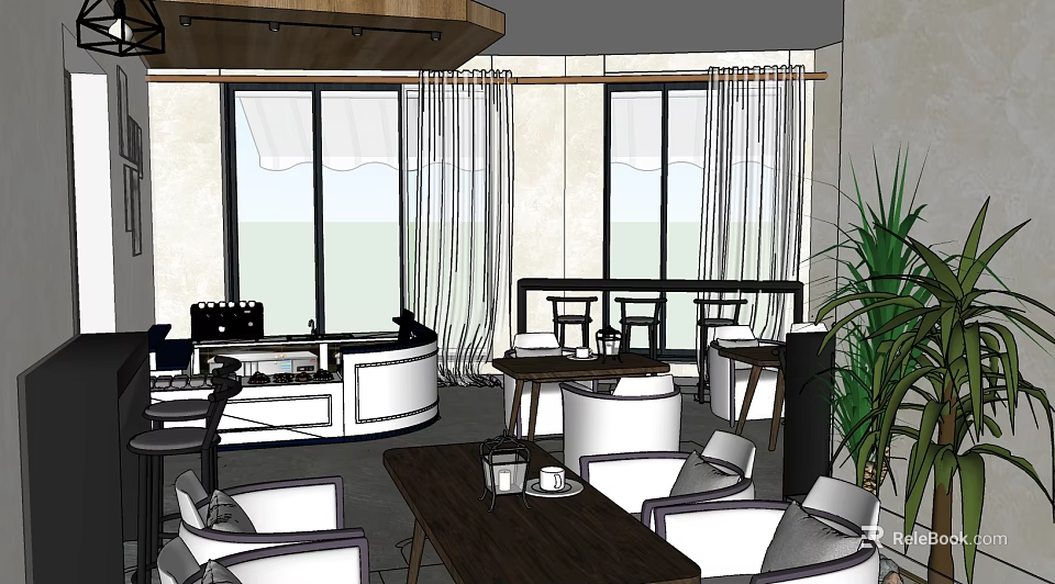 Modern Café Interior With Cozy Sofa Tables Chairs Large Windows And Green Plants 3d model 