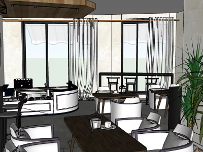 Modern Café Interior With Cozy Sofa Tables Chairs Large Windows And Green Plants 3d model