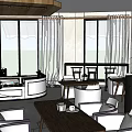 Modern Café Interior With Cozy Sofa Tables Chairs Large Windows And Green Plants