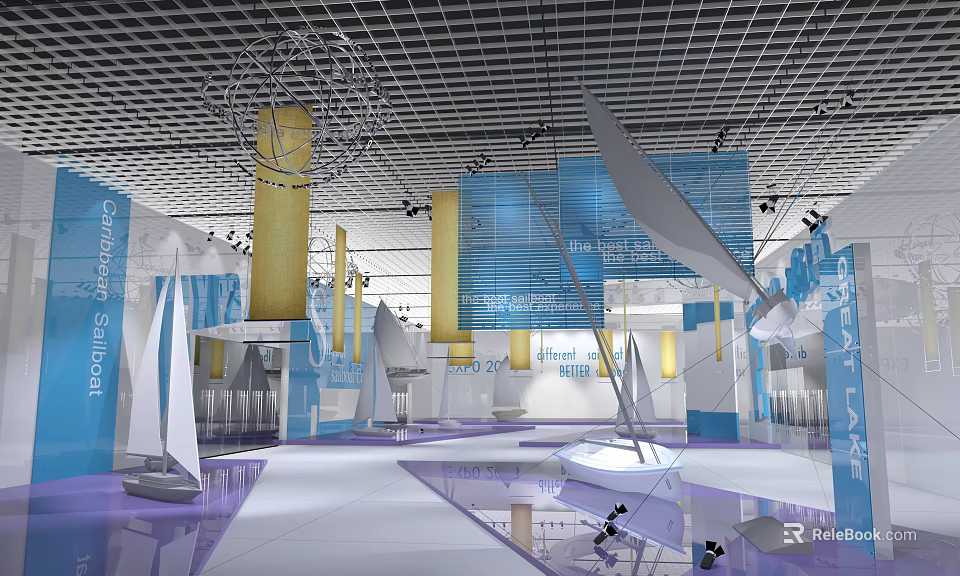 Children's Indoor Venue with White Sail Decorations Blue Panels Yellow Pillars Grid Ceiling Shiny Floor 3d model 