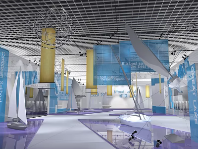 Children's Indoor Venue with White Sail Decorations Blue Panels Yellow Pillars Grid Ceiling Shiny Floor 3d model