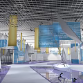 Children's Indoor Venue with White Sail Decorations Blue Panels Yellow Pillars Grid Ceiling Shiny Floor