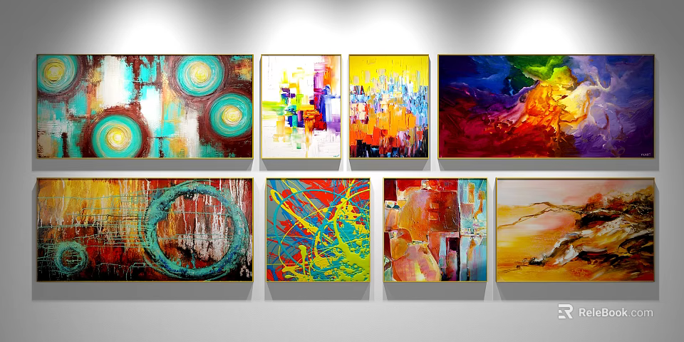 Multiple Abstract Paintings With Vibrant Colors And Diverse Styles On Wall 3d model