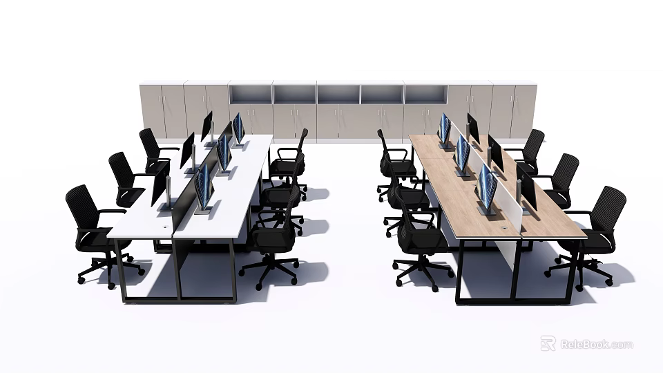 Modern Office Desks Setup With Computer Monitors Black Chairs And White Cabinets 3d model 