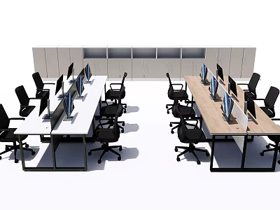 Modern Office Desks Setup With Computer Monitors Black Chairs And White Cabinets 3d model