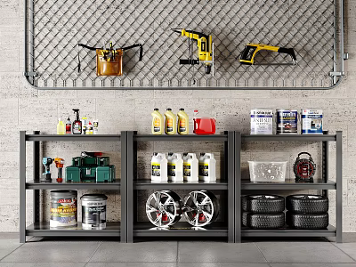 Garage Workshop Storage Shelving Units with Tools Oil Drums Tires and Containers 3d model