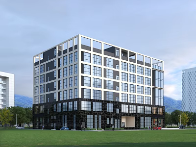 Multi Storey Industrial Factory Building With Modern Glass Windows Green Lawn And Surrounding Trees 3d model