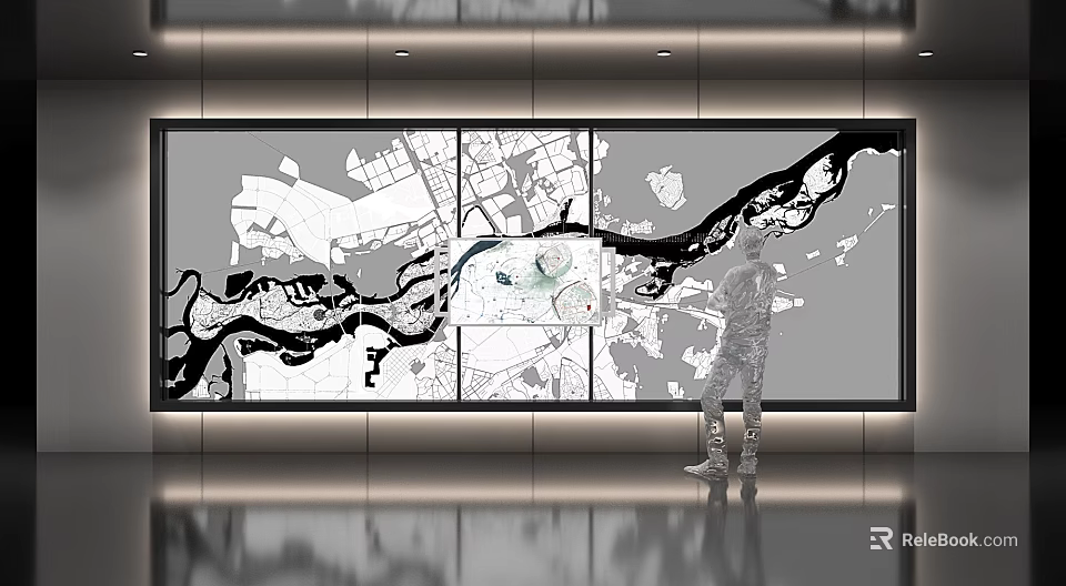 Large Black and White Map Style Wall Art in Modern Interior Decor 3d model 