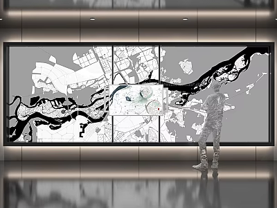 Large Black and White Map Style Wall Art in Modern Interior Decor 3d model