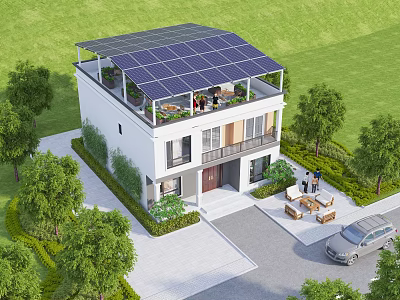 Elegant Detached Villa With Solar Panels Roof Terrace Green Lawn Trees Front Driveway And Car 3d model