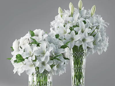 White Lilies And Roses In Crystal Glass Vases On Grey Background 3d model