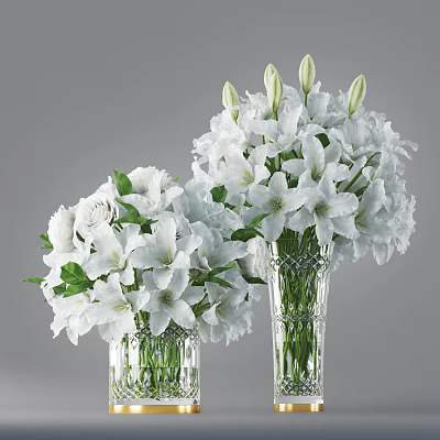 White Lilies And Roses In Crystal Glass Vases On Grey Background 3d model
