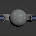 Cartoon Scene of Futuristic Spherical Structure with Curved Tubes Blue Lights and Metallic Texture