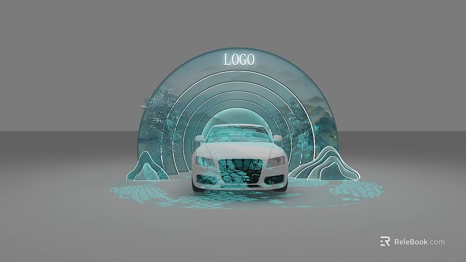Art Installation Featuring White Car And Arched Structure With LOGO Mountain Water Elements 3d model 