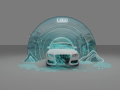 Art Installation Featuring White Car And Arched Structure With LOGO Mountain Water Elements 3d model