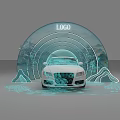 Art Installation Featuring White Car And Arched Structure With LOGO Mountain Water Elements