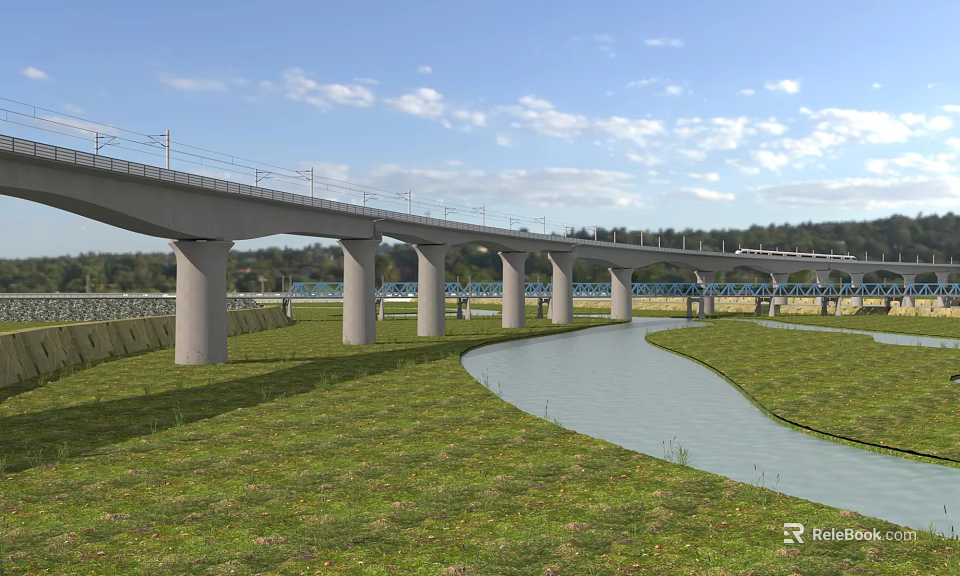 Railway Bridge With Concrete Piers Over River In Green Grassland Under Blue Sky With Clouds 3d model 