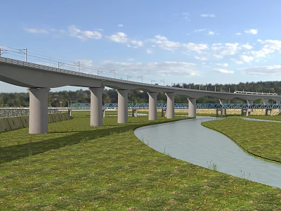 Railway Bridge With Concrete Piers Over River In Green Grassland Under Blue Sky With Clouds 3d model