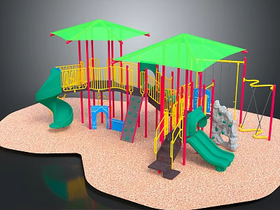 Playground Equipment With Green Canopies Yellow Railings Red Pillars Slides Swings Climbing Net Gravel Surface 3d model