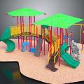 Playground Equipment With Green Canopies Yellow Railings Red Pillars Slides Swings Climbing Net Gravel Surface