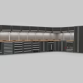 Functional Modern Public Facility With Black Cabinets Drawers Overhead LED Strips And Wooden Countertops