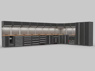 Functional Modern Public Facility With Black Cabinets Drawers Overhead LED Strips And Wooden Countertops 3d model