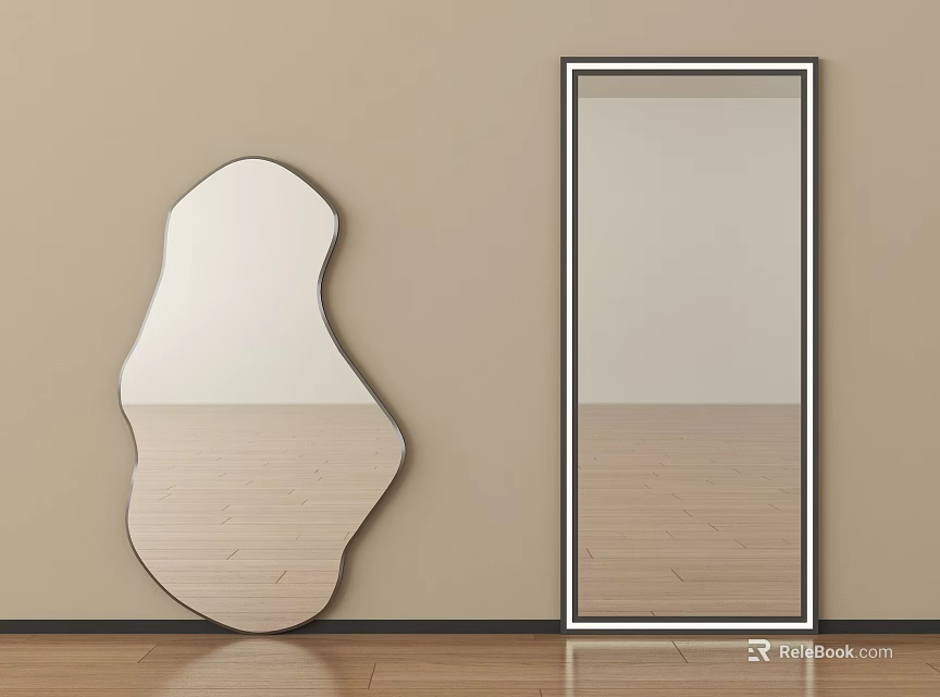 Irregular Shaped And Rectangular Black Frame Mirrors On Beige Wall With Wooden Floor 3d model 