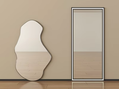 Irregular Shaped And Rectangular Black Frame Mirrors On Beige Wall With Wooden Floor 3d model
