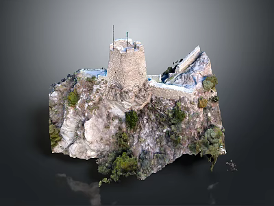 Ancient Stone Tower and Walls on Rocky Hill with Green Vegetation and Rocks 3d model