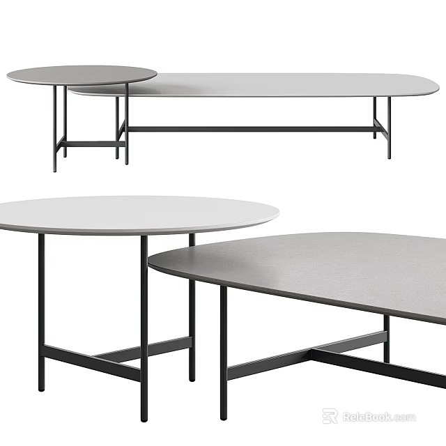 Modern Coffee Tables With Round And Oval Shapes Light Colored Tops And Black Metal Legs 3d model 