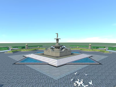 Garden Ornament Stone Fountain With Water Basin And Brick Pavement Design 3d model