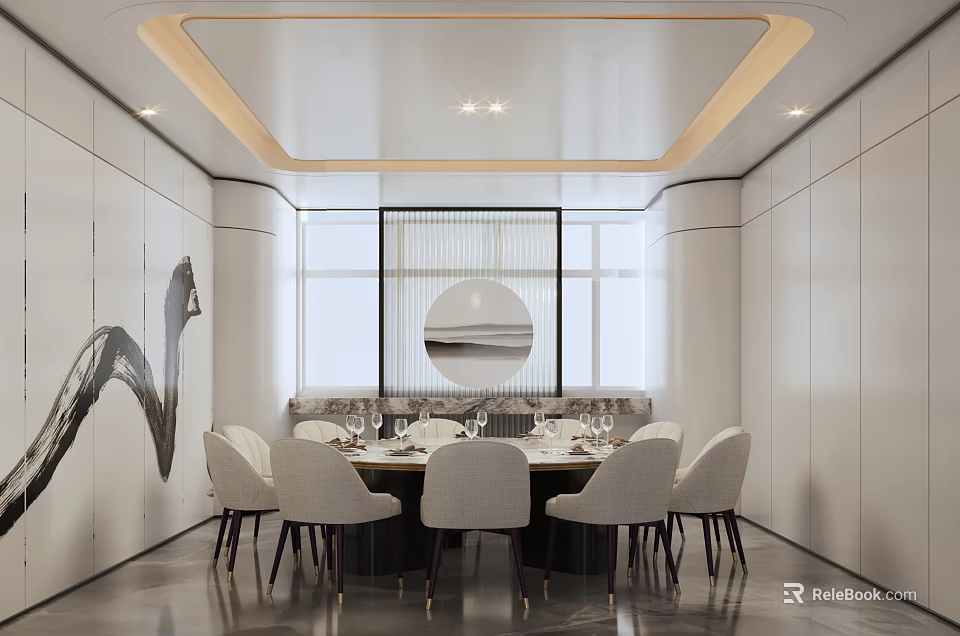 Modern Private Dining Box With Round Table And Artistic Decor 3d model