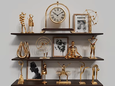 Golden Ornament Decoration Set With Sculptures Clock Figurines And Photo Frames On Wooden Shelves 3d model