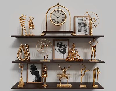 Golden Ornament Decoration Set With Sculptures Clock Figurines And Photo Frames On Wooden Shelves 3d model