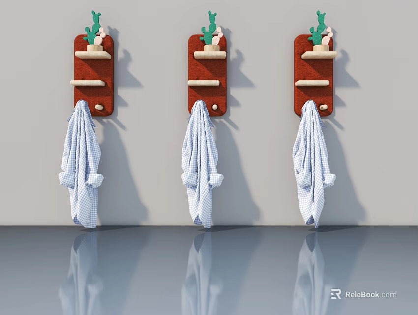 Swing Door With Wooden Hooks Plant Decorations And White Towels On Gray Wall 3d model 