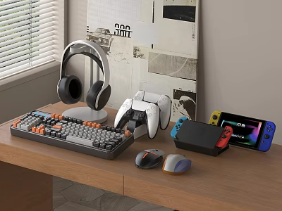 Modern Digital Products Setup with Headphones Keyboard Game Controller Nintendo Switch Tablet Mouse on Desk 3d model