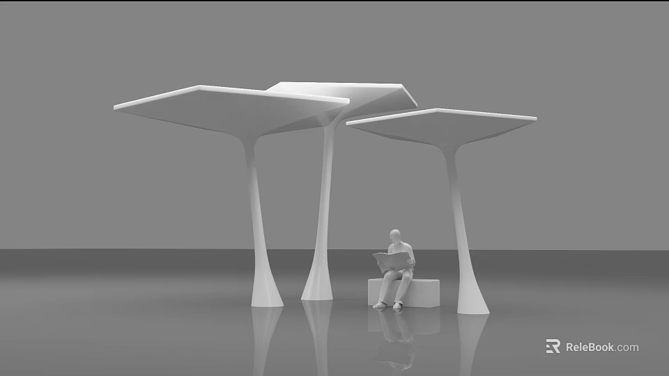 White Modern Unique Structures With Person Sitting On Bench Reading Book 3d model