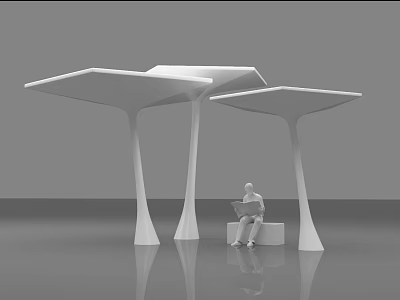 White Modern Unique Structures With Person Sitting On Bench Reading Book 3d model