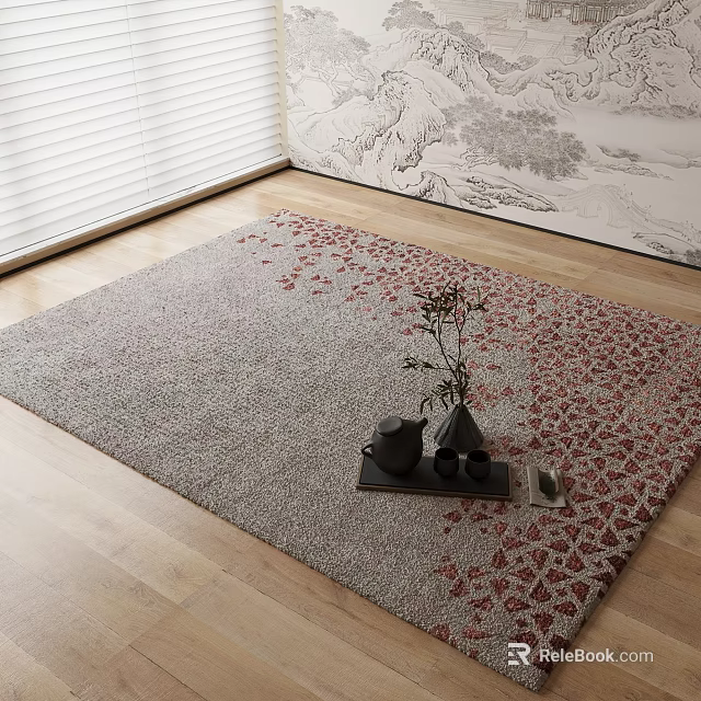 Square Carpet with Red Floral Patterns on Wooden Floor Near Tray Teapot Vase and Plant 3d model 