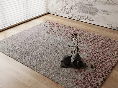 Square Carpet with Red Floral Patterns on Wooden Floor Near Tray Teapot Vase and Plant 3d model