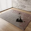 Square Carpet with Red Floral Patterns on Wooden Floor Near Tray Teapot Vase and Plant