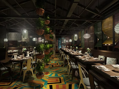 Modern Restaurant With Dining Tables Tableware Hanging Plant Pots Pendant Lights And Colorful Geometric Floor 3d model