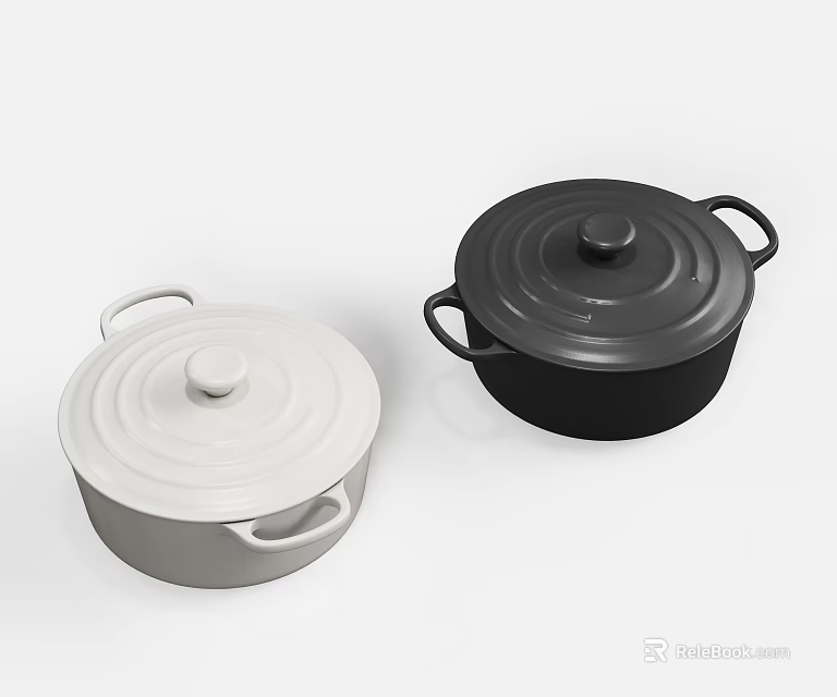 Two Stylish Enameled Kitchen Cookware Pots White Black With Lids And Handles 3d model 