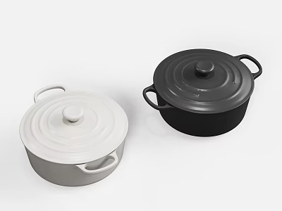 Two Stylish Enameled Kitchen Cookware Pots White Black With Lids And Handles 3d model