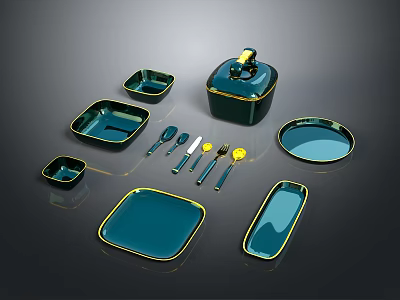 Sculpted Teal And Gold Kitchenware Collection Featuring Modern Elegant Design Details 3d model
