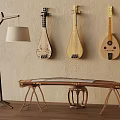 Traditional Chinese Musical Instruments Hanging On Wall With Guzheng And Floor Lamp
