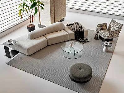 Modern Light Gray Sofa and Glass Coffee Table Set with Ottoman Accent Chair and Area Rug 3d model