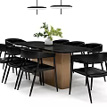 Modern Dining Table Set With Black Chairs Wooden Table And Green Plant